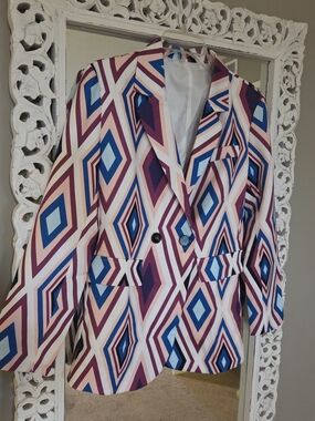 Geometric Print Blazer in Pink, Blue & White